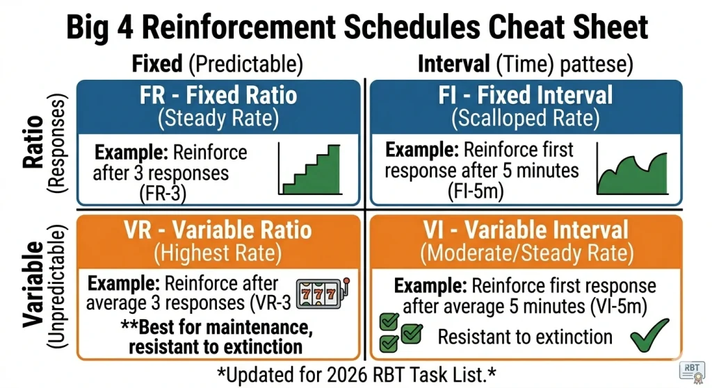 Big 4 Reinforcement Schedules cheat sheet for RBT exam Fixed Ratio (FR), Variable Ratio (VR), Fixed Interval (FI), and Variable Interval (VI) with response rate graphs and 2026 update.