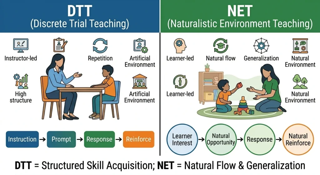 Comparison infographic of Discrete Trial Teaching (DTT) vs Naturalistic Environment Teaching (NET) showing structured instructor-led sessions versus natural learner-led play environments..webp