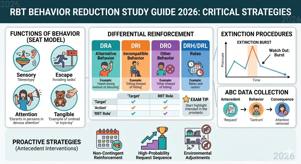 Infographic showing RBT Behavior Reduction 2026 Functions of behavior (SEAT model), Differential Reinforcement comparison (DRA, DRI, DRO, DRHDRL), Extinction Burst line graph, ABC data flow, and proac