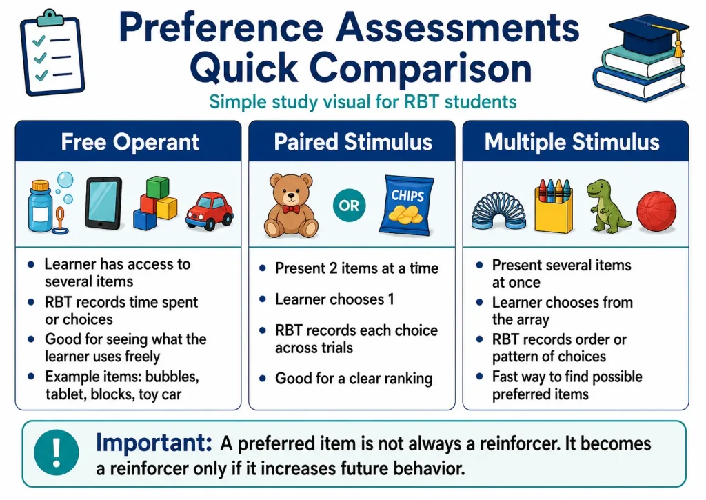 Preference assessment comparison for RBT students showing free operant, paired stimulus, and multiple stimulus assessment types