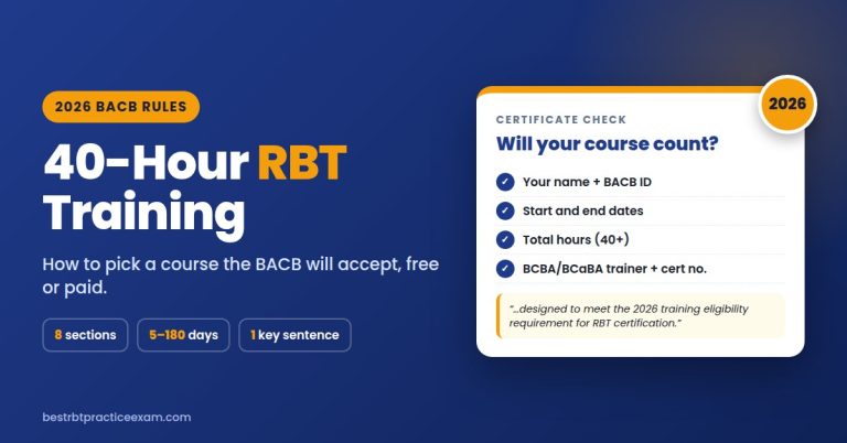 40-hour RBT training 2026 certificate checklist: name and BACB ID, dates, total hours, BCBA trainer, required 2026 sentence