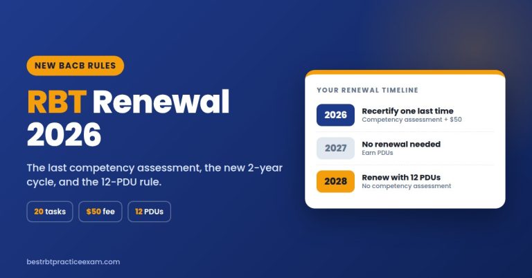 RBT renewal 2026 timeline: recertify with the competency assessment in 2026, no renewal in 2027, renew with 12 PDUs in 2028
