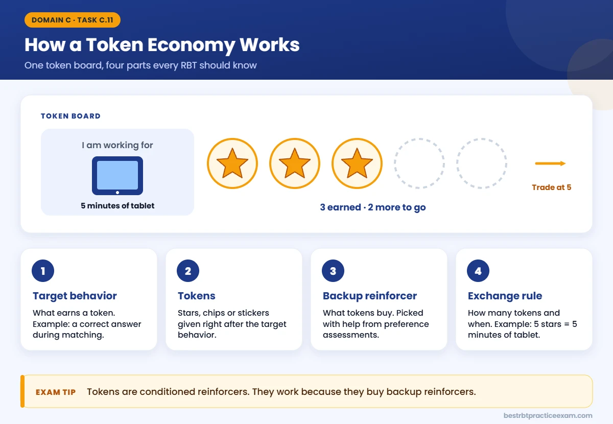 Token economy example for RBTs: a token board with 3 of 5 stars earned toward tablet time, plus the four parts of a token system